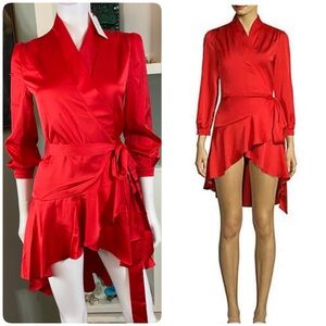 Anthropologie Few Moda Wrap Dress Red Satin Micro Mini High Low Asymmetrical XS